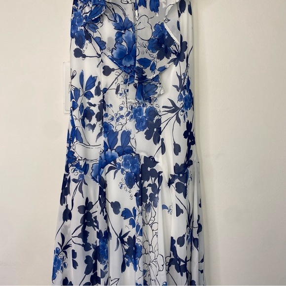 Signature by Robbie Lee Blue Floral Sleeveless Ruffles Flowy Maxi Dress 4P Y2K - Picture 11 of 14